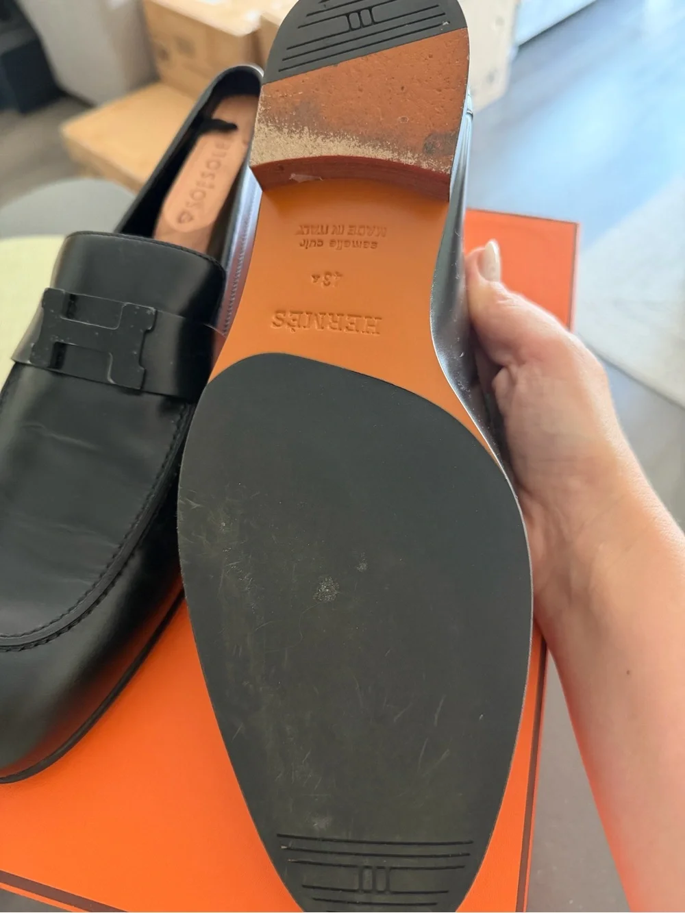 Hermes Black Leather Men's Slip-On Loafers with H Accent